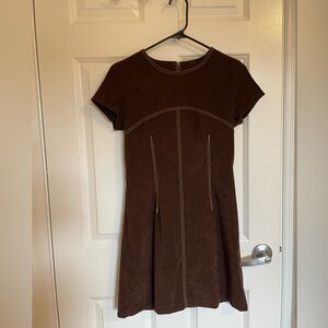 Brown Fitted Flare Faux Suede Dress with Stitching
